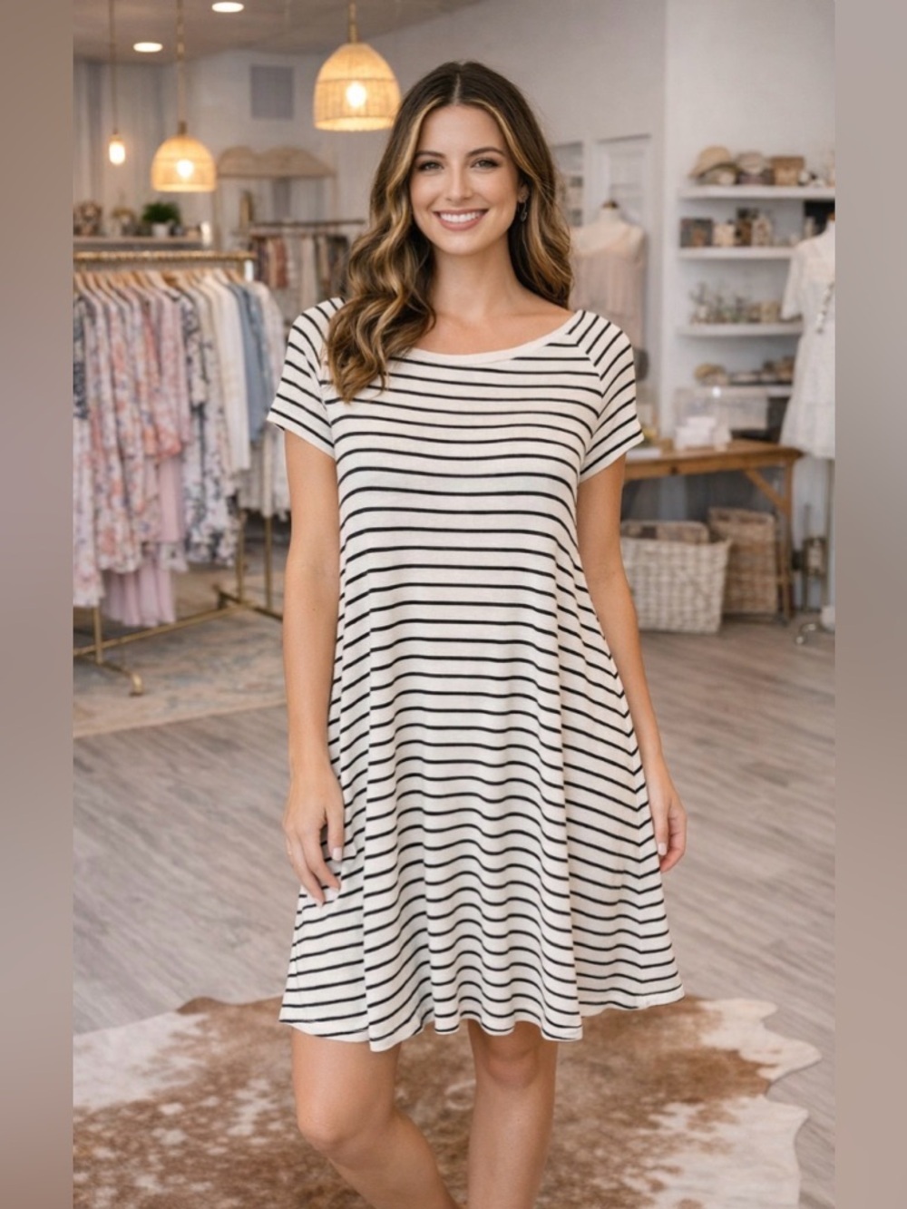 Old Navy Striped Swing Dress Petite Small Black White Casual T Shirt Dress